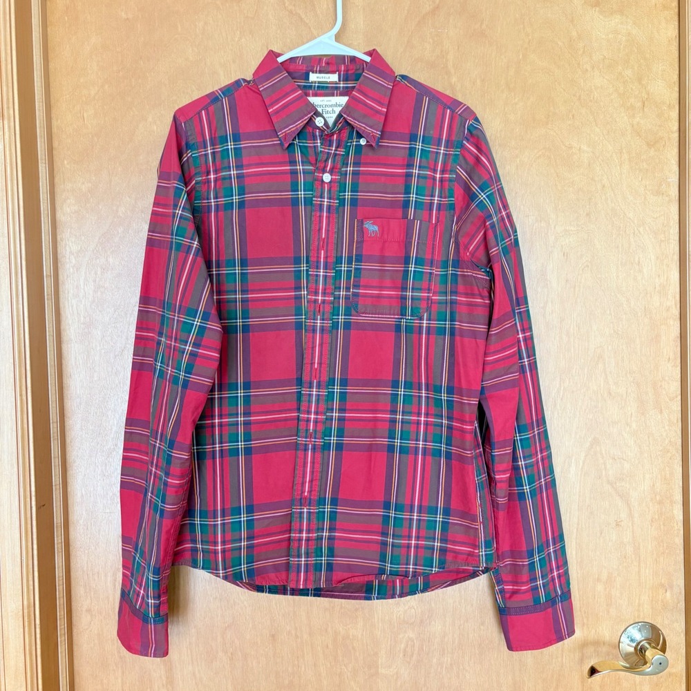 VTG Abercrombie & Fitch Mens Plaid Long Sleeve Button Down Shirt Red Green L